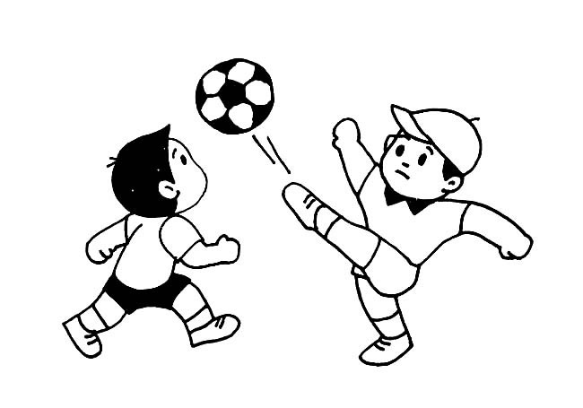 画栏目里的踢足球的两个孩子简笔画,人物简笔画,少儿简笔画,幼儿简笔