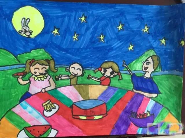 中秋节吃月饼赏月儿童画