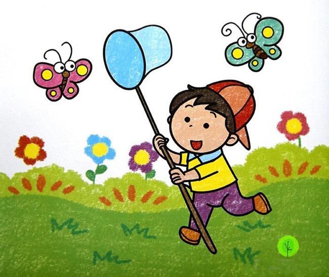 儿童画春天来了,我到草丛边玩,看见了许多的蝴蝶和蜜蜂,情景十分壮观