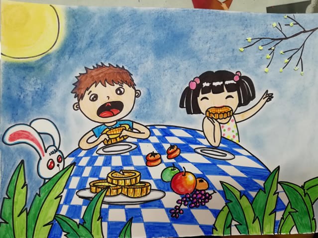的中秋节儿童画简单作品吧,内容有月饼/月亮/奔月/合家团圆主题儿童画