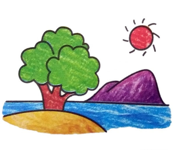 山水风景带颜色儿童学画山水风景简笔画