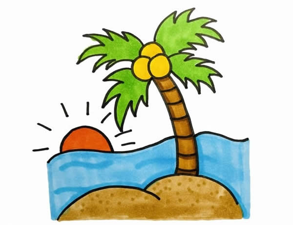 海边风景彩色画法椰子树太阳大海沙滩简笔画