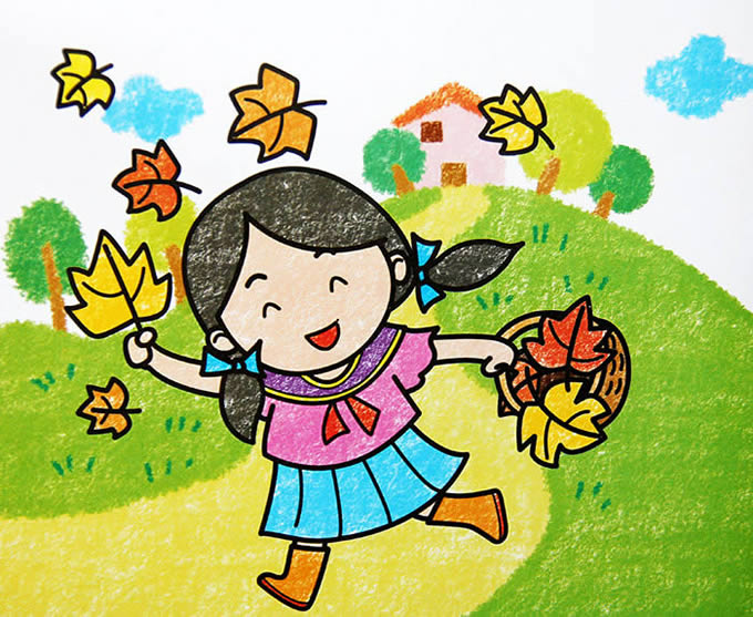 关于秋天的儿童画绘画:秋天到了/蜡笔画图片秋天到了!秋天 到了!