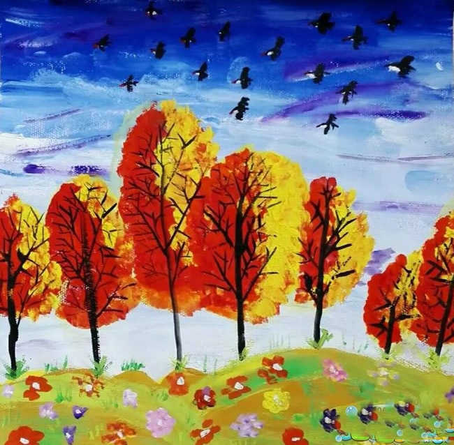 多彩的秋林绘画图片图片
