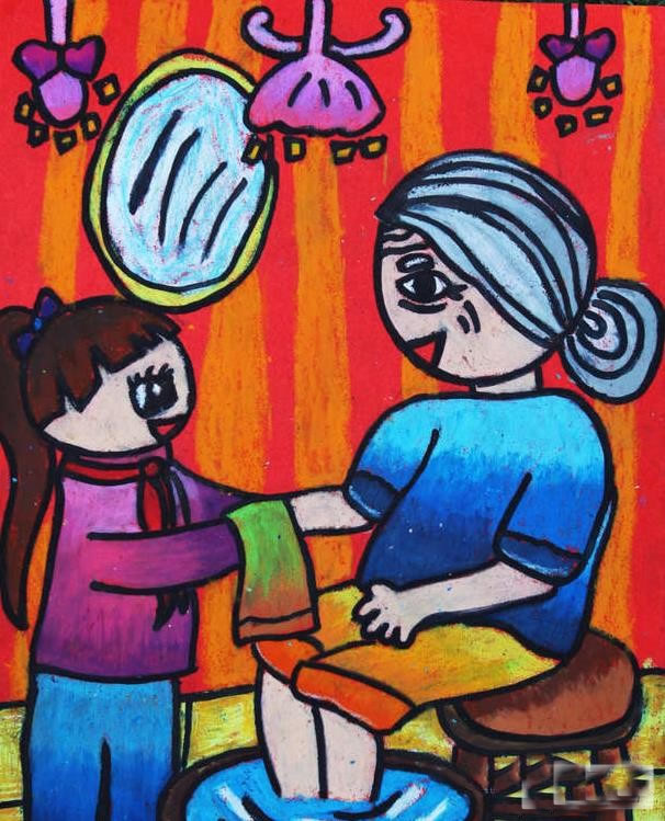 有关重阳节关爱老人主题儿童画 我给奶奶洗脚明天就是传统的重阳节了