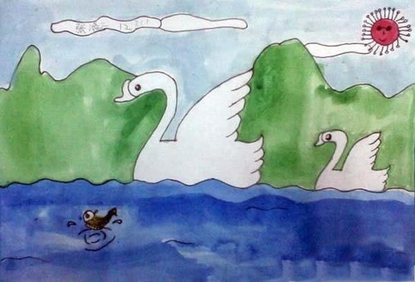 儿童水粉天鹅风景画