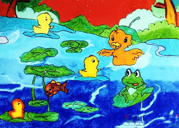 池塘戏水的鸭子儿童画