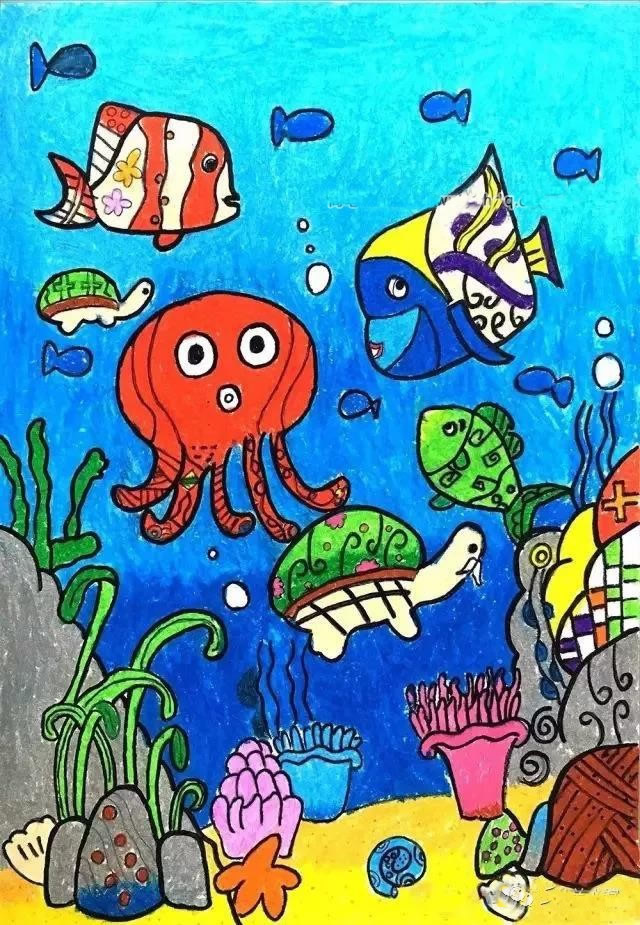 美丽的海底世界儿童画优秀绘画作品海底世界有很多美丽的鱼儿,那些