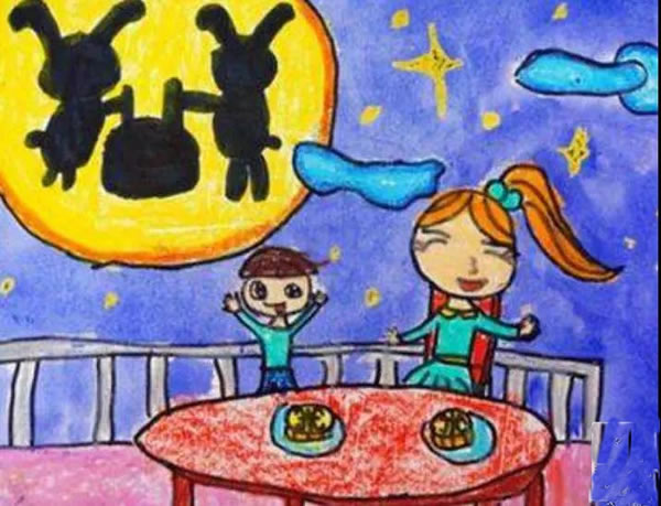 简单好看的中秋节一边吃月饼一边赏月儿童画农历八月十五中秋节是我国