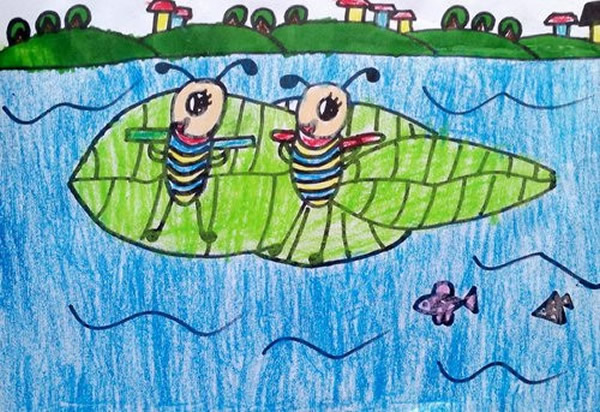 小蚂蚁乘坐树叶船过河儿童画