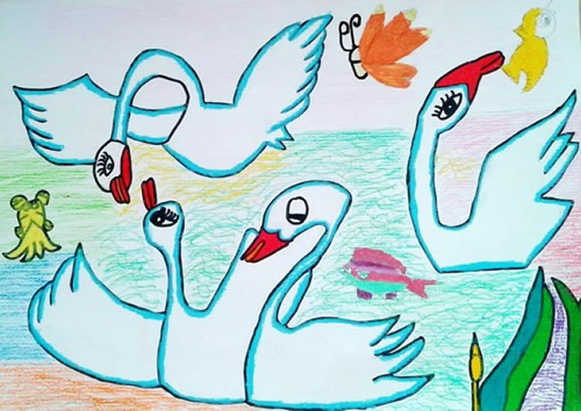 美丽的天鹅湖儿童画