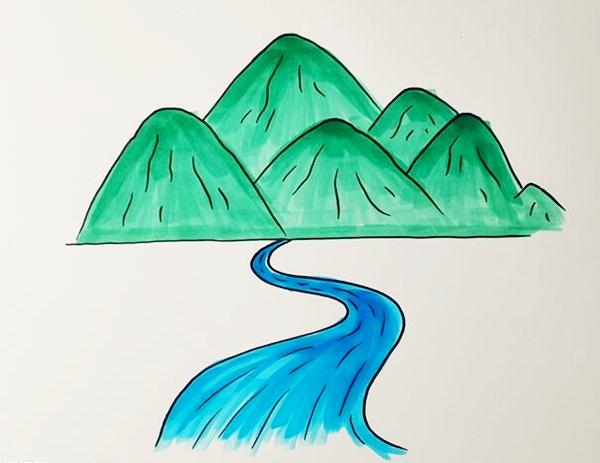 青山绿水简笔画手绘图片