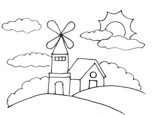 山顶风车风景彩色画法教程简笔画