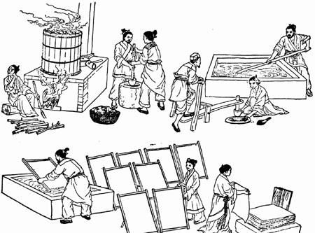 东汉时,蔡伦改进了造纸术,他用树皮,渔网,麻头,藤皮等等原料,经过捣