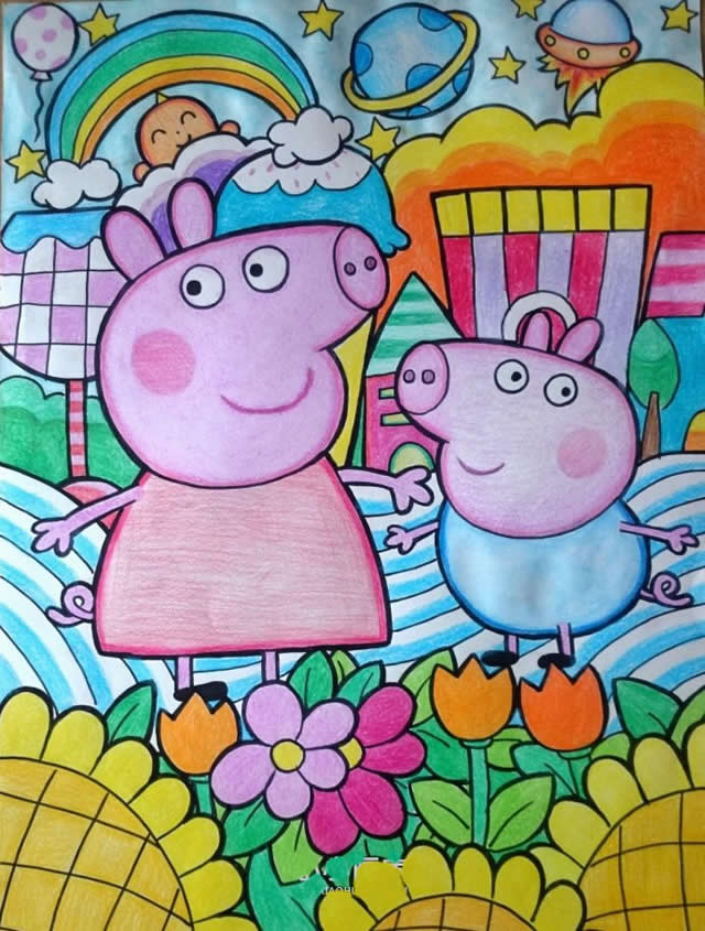 小猪佩奇和乔治儿童绘画作品图片