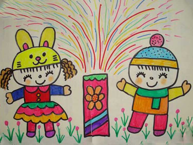 欢度春节儿童画一年级图片