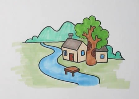 青山绿水房屋简笔画图片