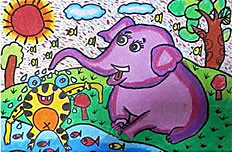 大象和青蛙卡通儿童蜡笔画图片