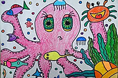 可爱大章鱼儿童蜡笔画作品图片