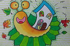 背着房子的蜗牛儿童蜡笔画作品图片