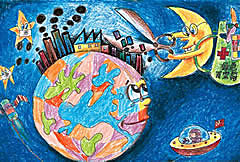 月亮给地球看病保护地球儿童画作品